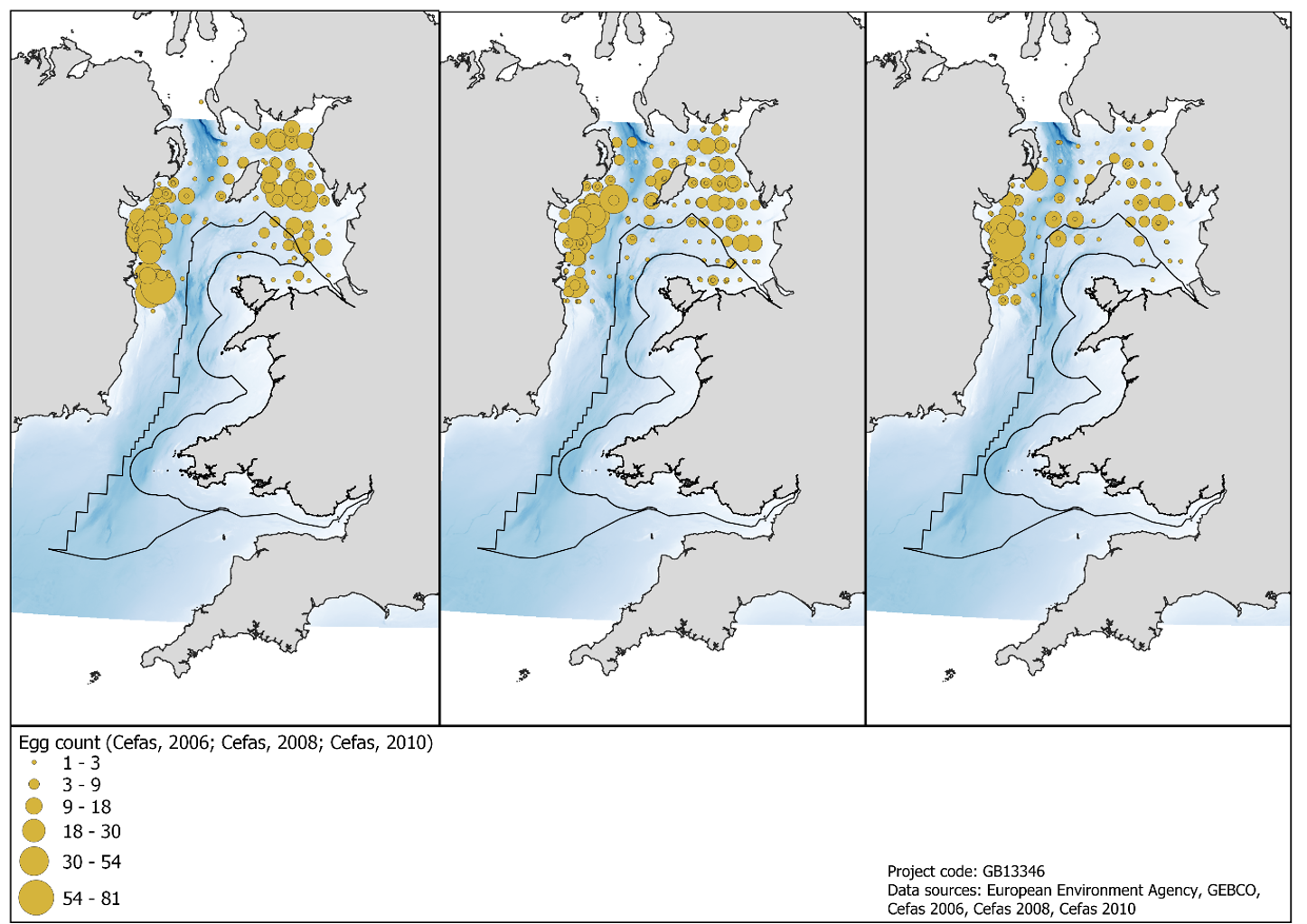 Cod egg counts from various surverys in the Irish Sea.